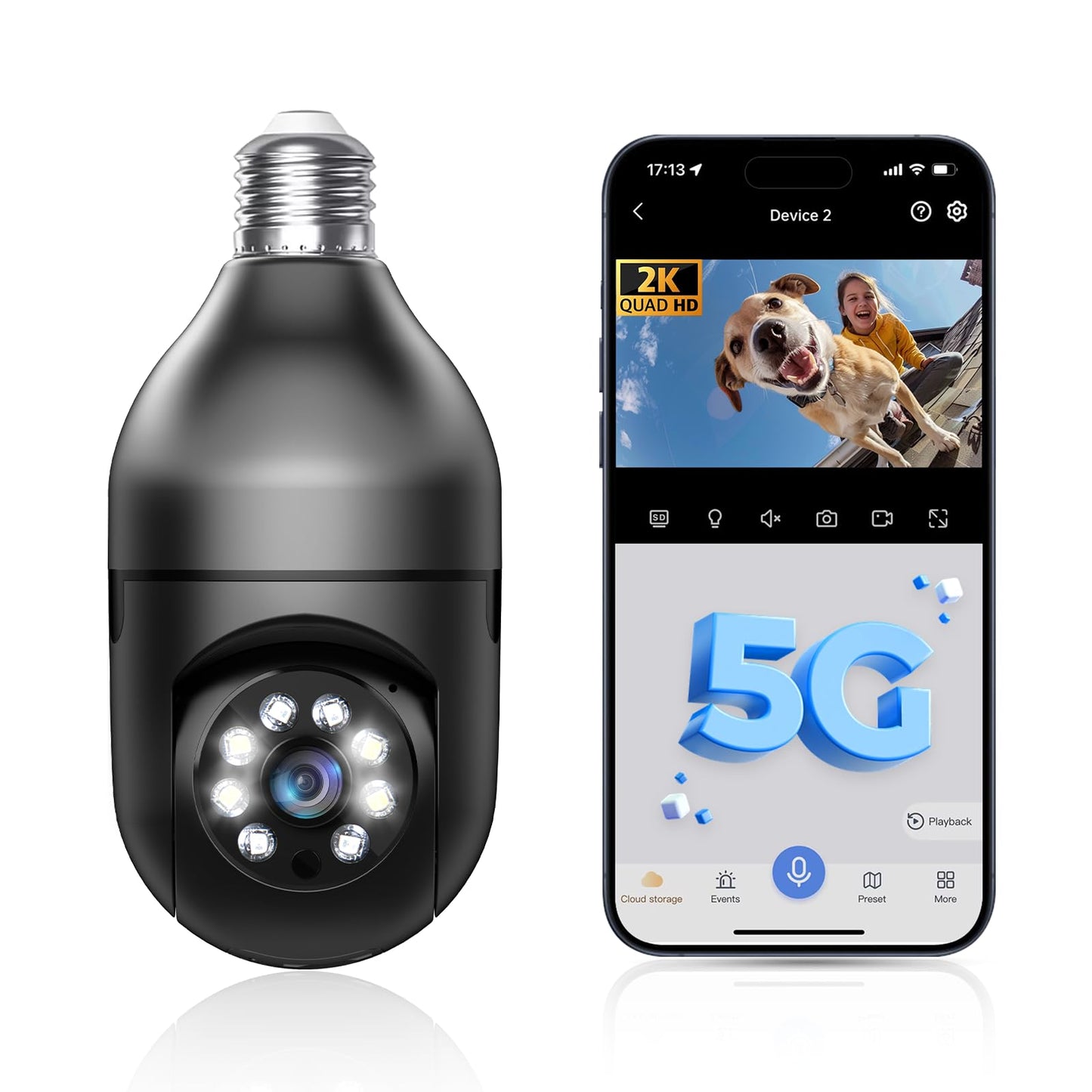 WESECUU 2K Light Bulb Camera - WiFi, Motion Detection, Alarm, Two-Way Talk, Night Vision