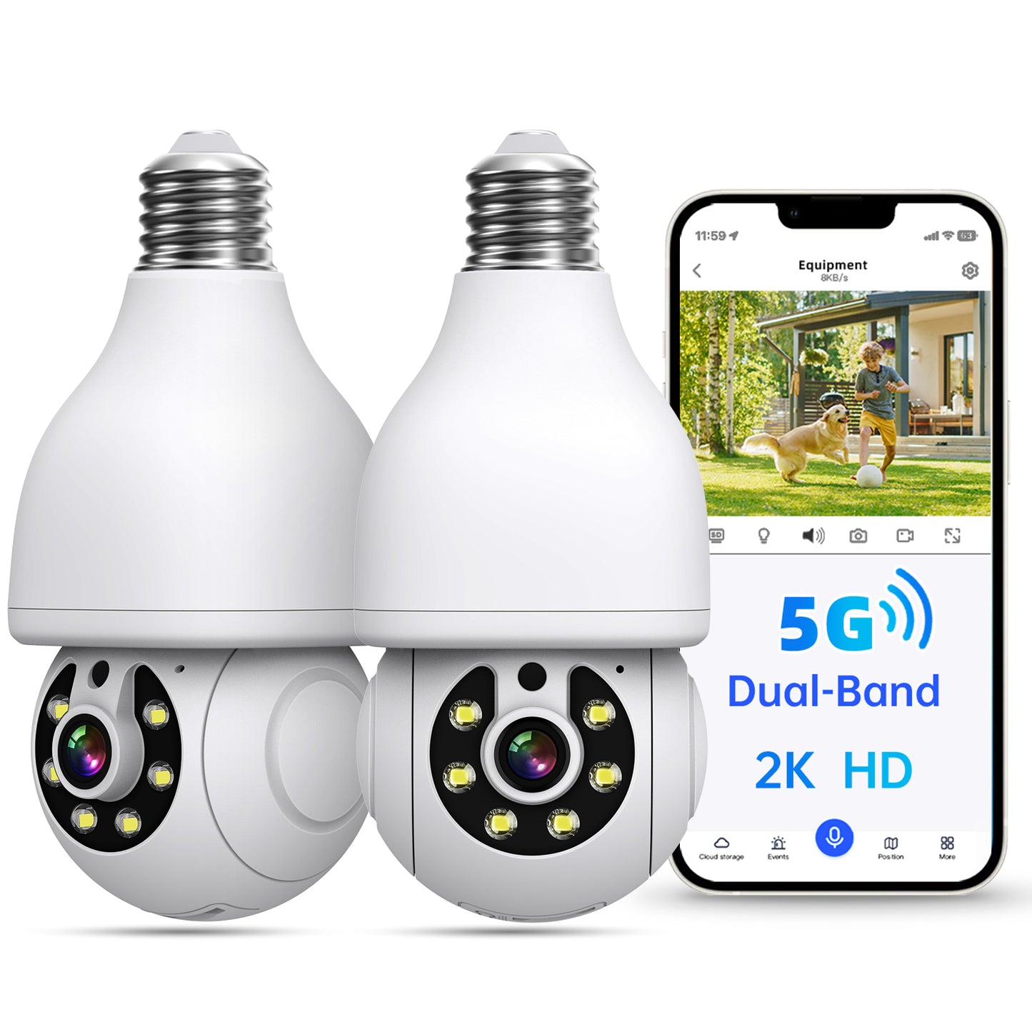 2K HD Light Bulb Security Camera Wireless Outdoor Indoor 2.4G & 5GHz Wifi Lightbulb Surveillance Camera for Home Security Outside, 360 AI Motion Detection and Alarm, 2-Way Talk, Color Night Vision